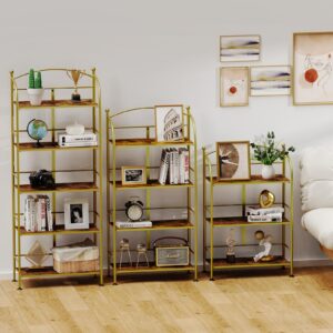 FRAPOW Folding Bookshelf No Assembly, 5 Tier Shelf Gold Collapsible Bookcase, Arched Metal Display Tall Book Shelf with Storage Shelves for Bedroom, Living Room, Home Office, Dorm