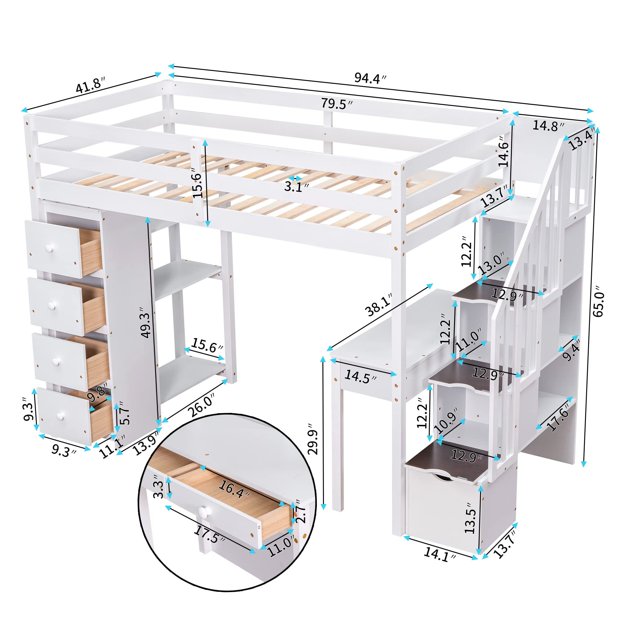 BIADNBZ Wood Loft Bed Twin Size with Desk and Stairs Storage, Wooden Loftbed with 4 Drawers and 3-Tier Shelves, for Kids Teens Bedroom, Stairway High Bedframe, White