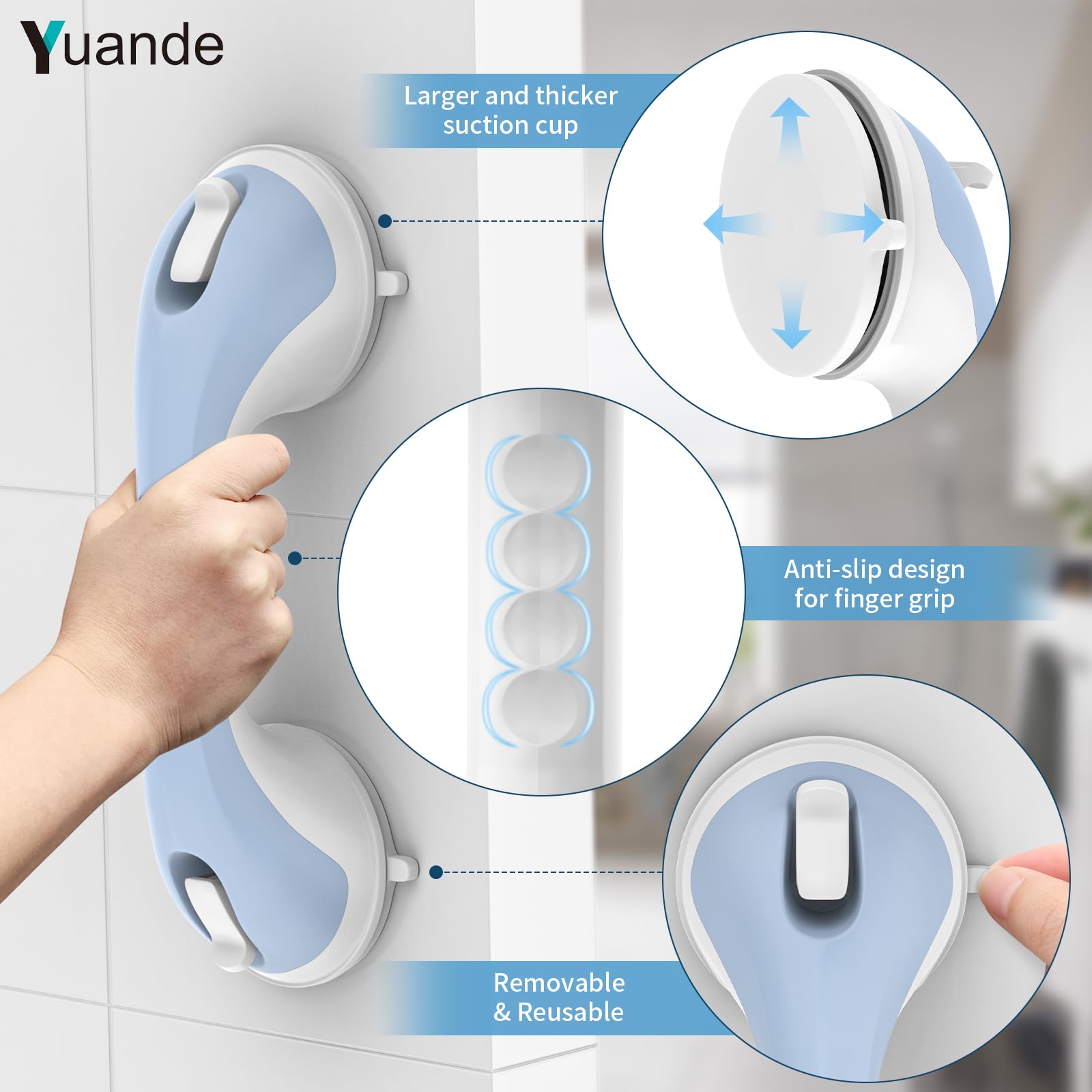 12 Inch 4 Pack Shower Grab Bar, YuanDe Suction Grab Bars for Bathtubs, Bathroom Safety Grip No Drilling Waterproof, Shower Handle Removable Shower Handrails for Seniors Elderly, (Blue&White