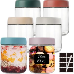 6 pack 16oz overnight oats containers with lids wide mouth mason salad jars glass food storage containers for snacks yogurt spice sugar meal prep with stickers and marker