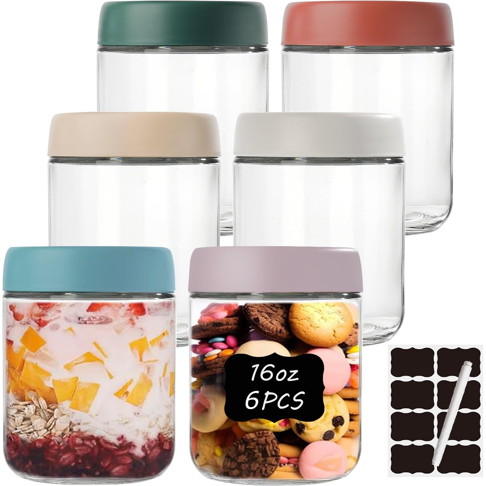 6 Pack 16oz Overnight Oats Containers with Lids Wide Mouth Mason Salad Jars Glass Food Storage Containers for Snacks Yogurt Spice Sugar Meal Prep with Stickers and Marker