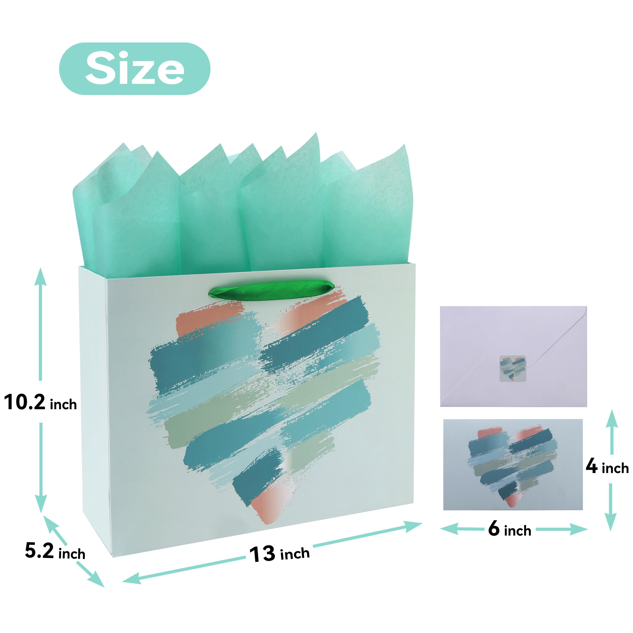 13" Large Mint Green and Peach Gift Bag Set with Greeting Card and Tissue Papers (Brushstroke Heart Design) for Celebrating Birthday Party, Mother's Day, Wedding, Anniversary, Bridal Shower - 13”x5.2”x10.2”, 1 Pcs.