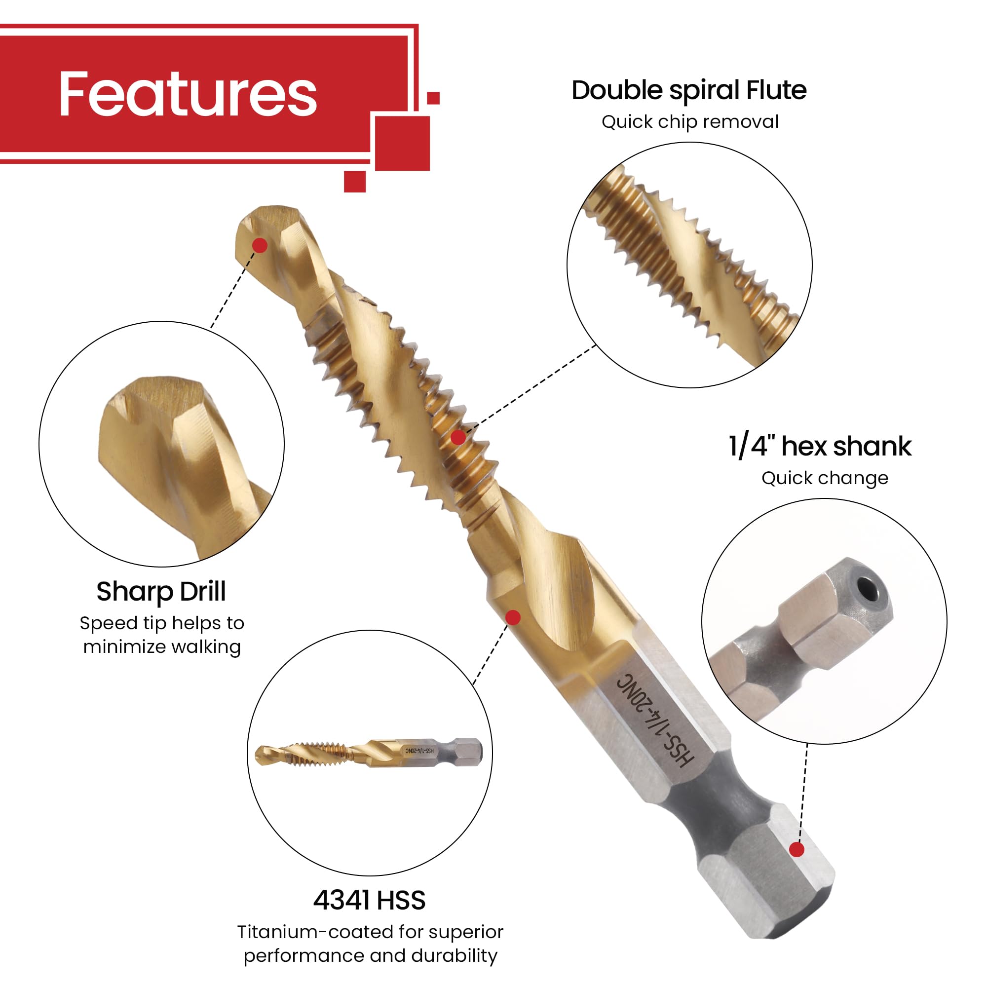 AIMLENTOOL 6PCS Combination Drill and Tap Bit Set, 3-in-1 Titanium Coated HSS Screw Tapping Bit for Drilling, Tapping and Deburring, SAE Size 6-32NC to 1/4-20NC, 1/4" Hex Shank and Storage Case