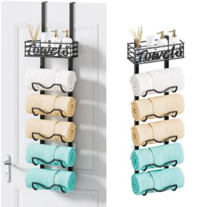 hapirm over door towel rack - 6 tier over the door towel racks for bathroom, wall mount towel holder with metal shelf, rolled towel organizer door hanging towel storage for small bathroom - black