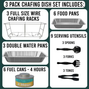 3-Pack Disposable Chafing Dish Buffet Set + Fuel + Serving Utensils - Full Size Buffet Warmers with 6 Half Size Food Pans, 4 Hour Fuel Cans, 9 Serving Utensils, Frame, for Catering and Parties