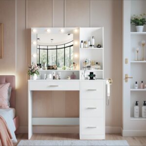 Furmax Vanity Desk with LED Lighted Mirror&Power Outlet, 39.3’’ Makeup Vanity Table with 4 Drawers and 3 Storage Shelves, Adjustable 3 Lighting Colorfor Bedroom&Dressing Room (White)