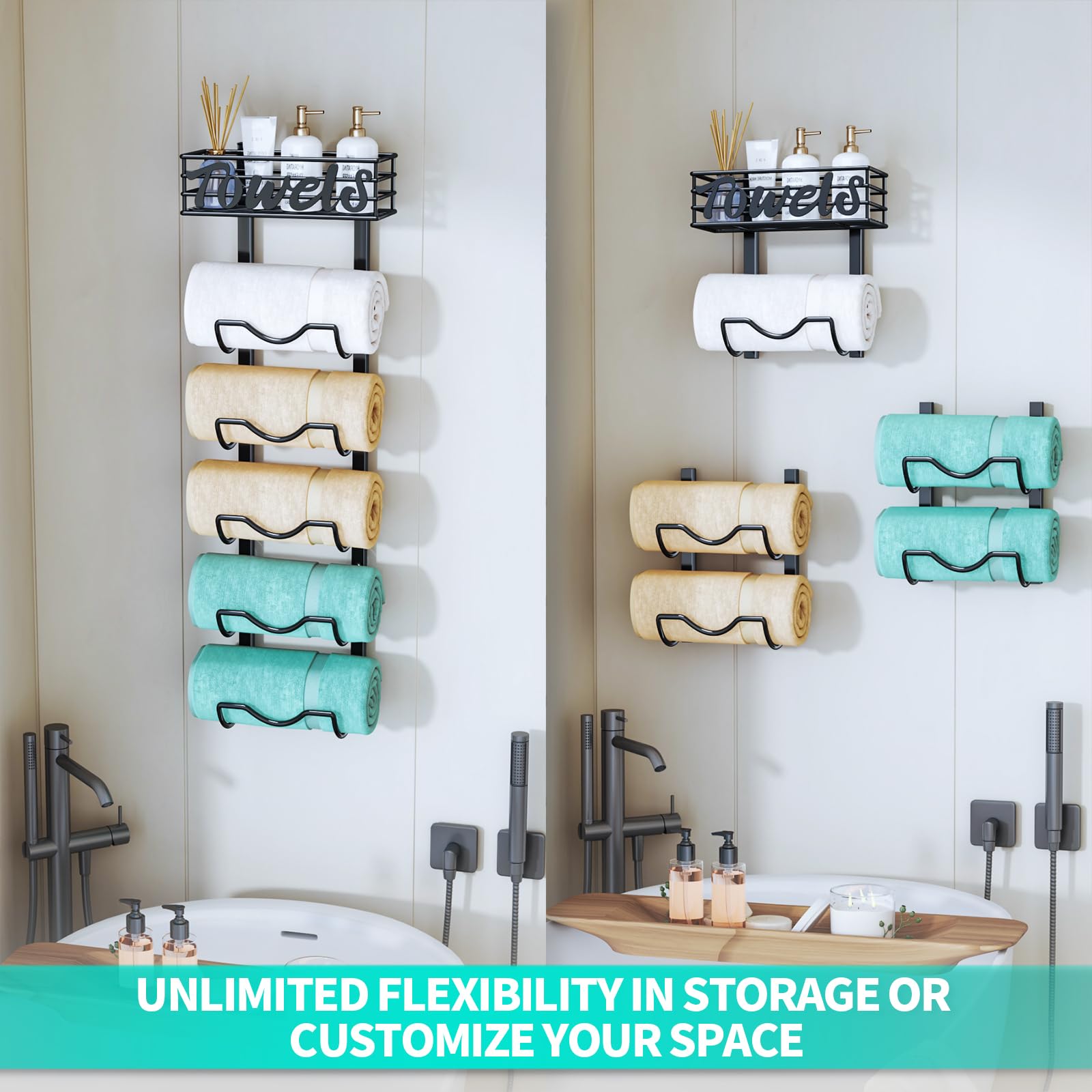 HapiRm Over Door Towel Rack - 6 Tier Over The Door Towel Racks for Bathroom, Wall Mount Towel Holder with Metal Shelf, Rolled Towel Organizer Door Hanging Towel Storage for Small Bathroom - Black