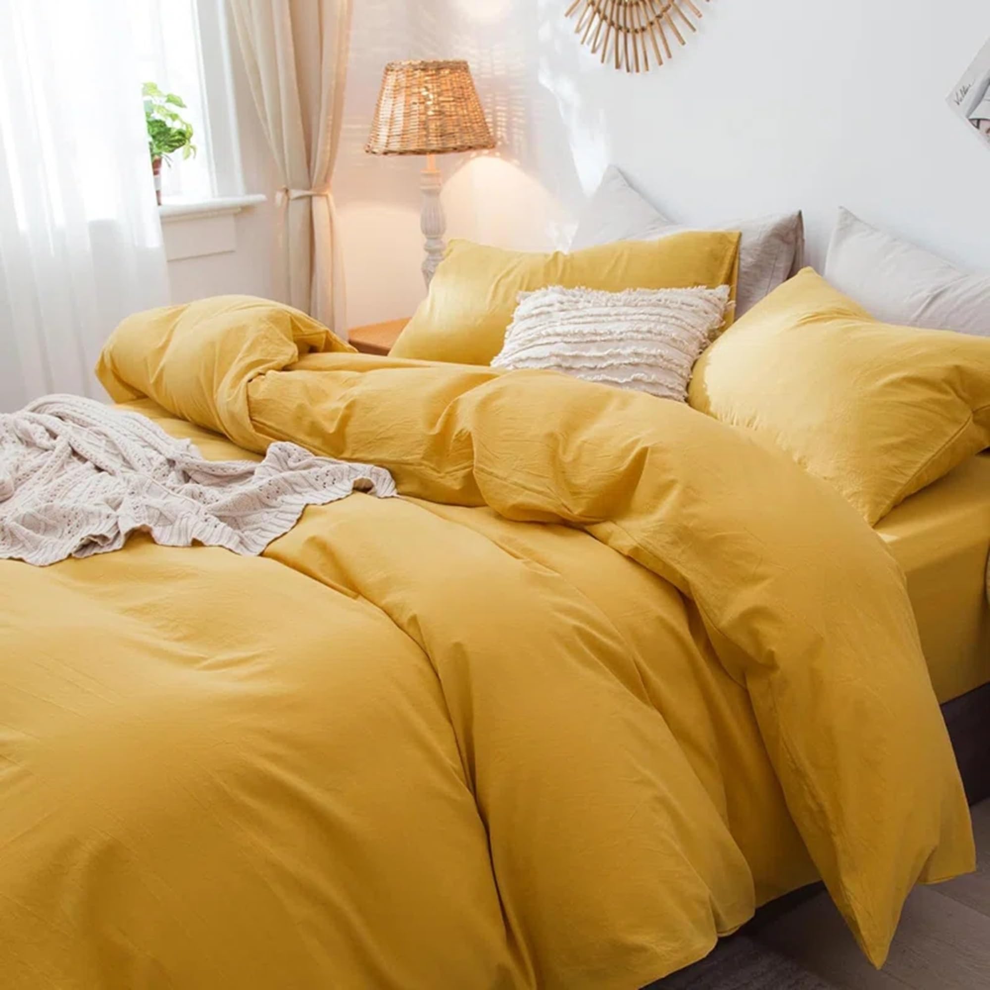 Generic Mustard Yellow Cotton 100% Duvet Cover Boho Duvet Cover Stonewashed Cotton Bedding Soft Cotton Queen King Cotton Bedding Euro Custom Cottonduvet Duvet Cover Set (Queen 90X90), BE-CR- 0005