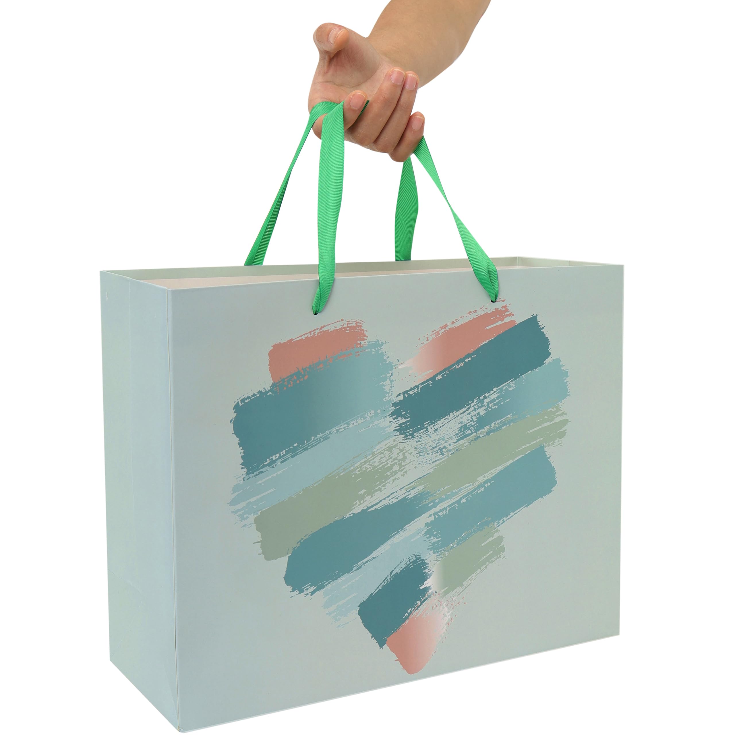 13" Large Mint Green and Peach Gift Bag Set with Greeting Card and Tissue Papers (Brushstroke Heart Design) for Celebrating Birthday Party, Mother's Day, Wedding, Anniversary, Bridal Shower - 13”x5.2”x10.2”, 1 Pcs.