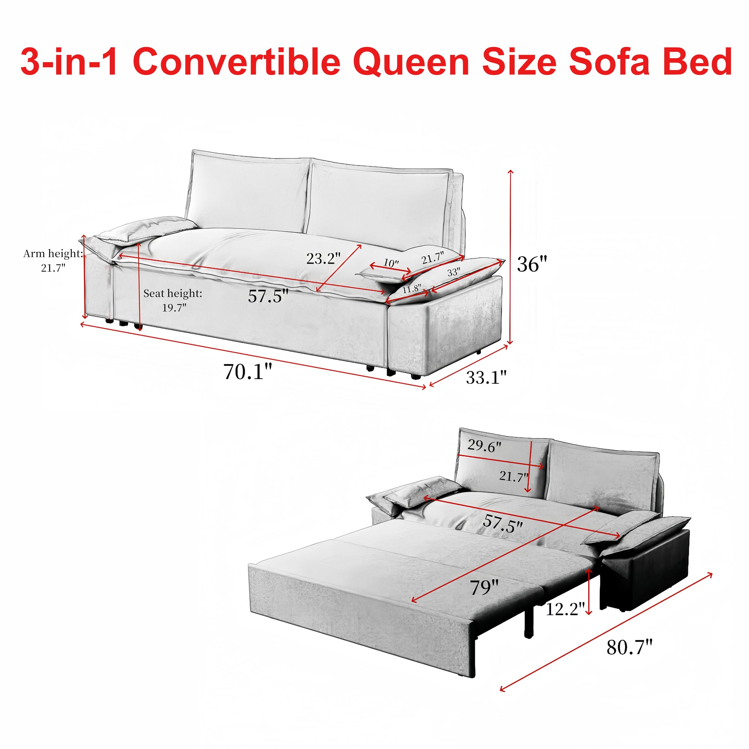 ERYE 3 in 1 Oversized Love Seat Sleeper Sofá Convertible Queen Size Sofabed with 2 Lumbar Pillows, Loveseat Sofa W/Pull Out Sleeper Couch Bed for Home,Office,Apartment,RV Living Room