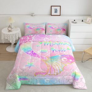 Feelyou Mermaid Comforter Set Twin Size for Kids Girls Rainbow Pink Mermaid Tail Printed Bedding Set Cute Reversible Stars Quilt Bed Set Sparkle Mermaid Fish Scale Bedroom Glitter Decor All Season