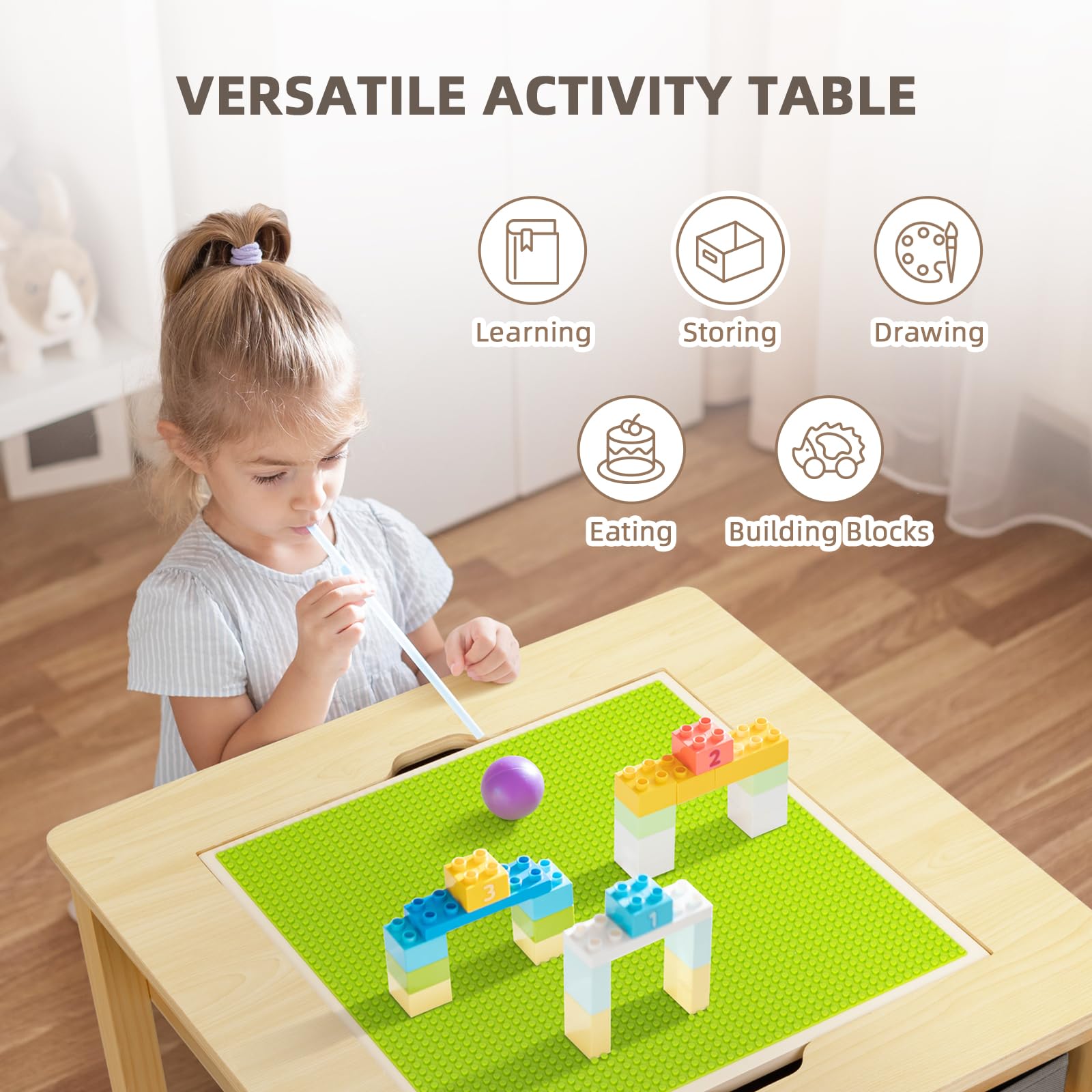 OOOK Wooden Kids Building Block Table with Storage, Toddler Activity Table Gives Children A Space for Their Daily Life and Creativity, Nice Kids Play Table for Kids Room, Nursery, Classroom