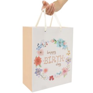 13" Large White Gift Bag Set with Greeting Card and Tissue Papers（Flowers and Happy Birthday）for Women's or Men's Birthday Party, Boys', Girls', or Kids' Parties, Baby Shower, Baby Boy or Girl - 10.2”x5.2”x13”, 1 Pcs.