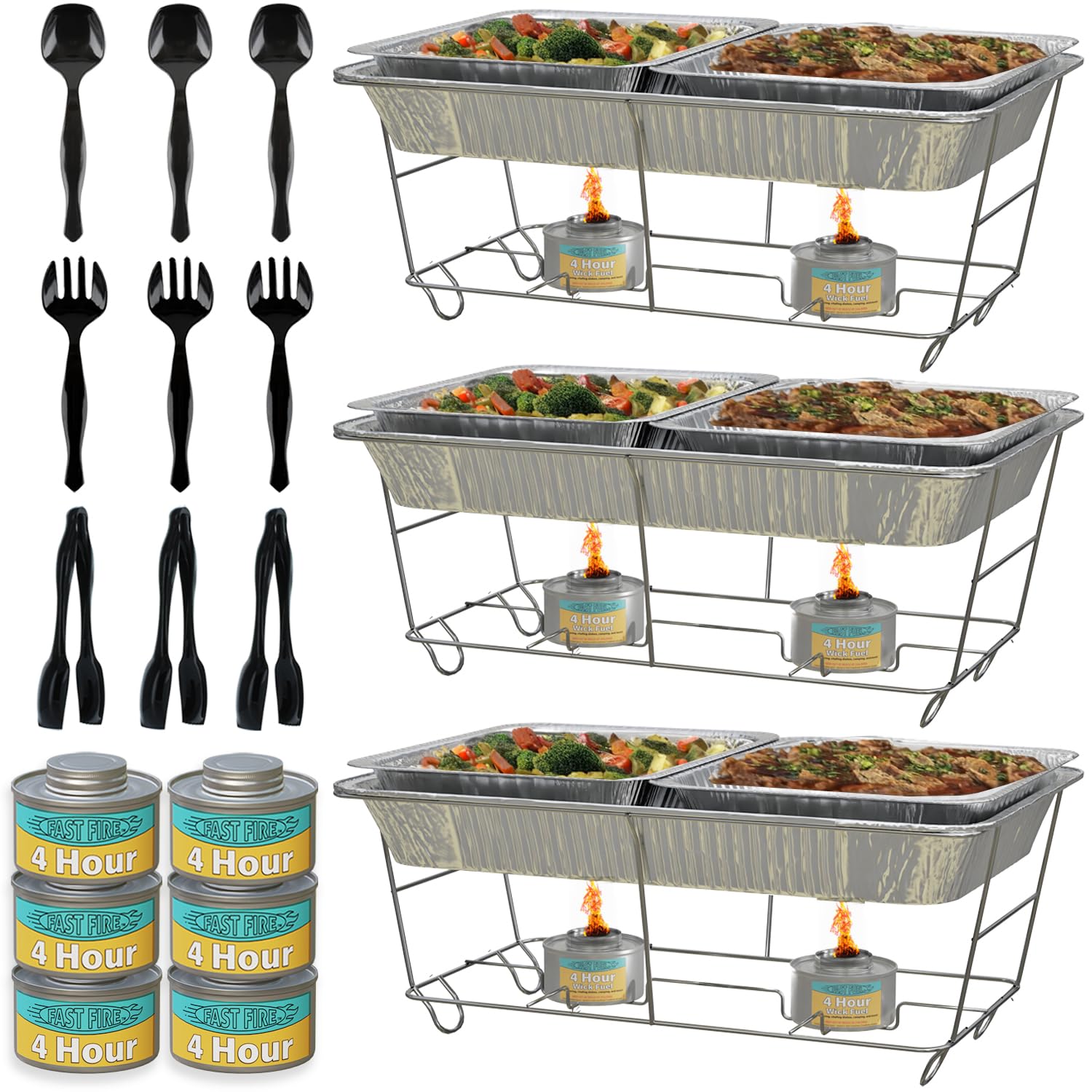 3-Pack Disposable Chafing Dish Buffet Set + Fuel + Serving Utensils - Full Size Buffet Warmers with 6 Half Size Food Pans, 4 Hour Fuel Cans, 9 Serving Utensils, Frame, for Catering and Parties