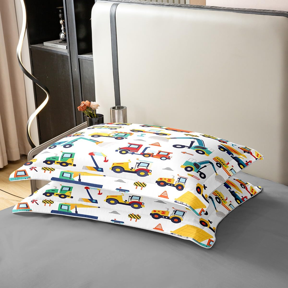 Cartoon Truck 100% Cotton Comforter Cover Queen Construction Vehicle Duvet Cover for Kids Boys Girls Transport Equipment Car Quilt Cover Bulldozer Crane Bedding Set with 2 Pillowcases