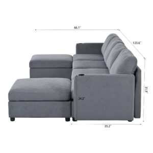 123.6" Oversized Chenille Upholstered Modular Storage Sectional Sofa Couch W/2 Movable Ottomans & Cupholders, U-Shaped Corner Free Combined Sofa&Couch Convertible Sleeper Sofabed for Living Room