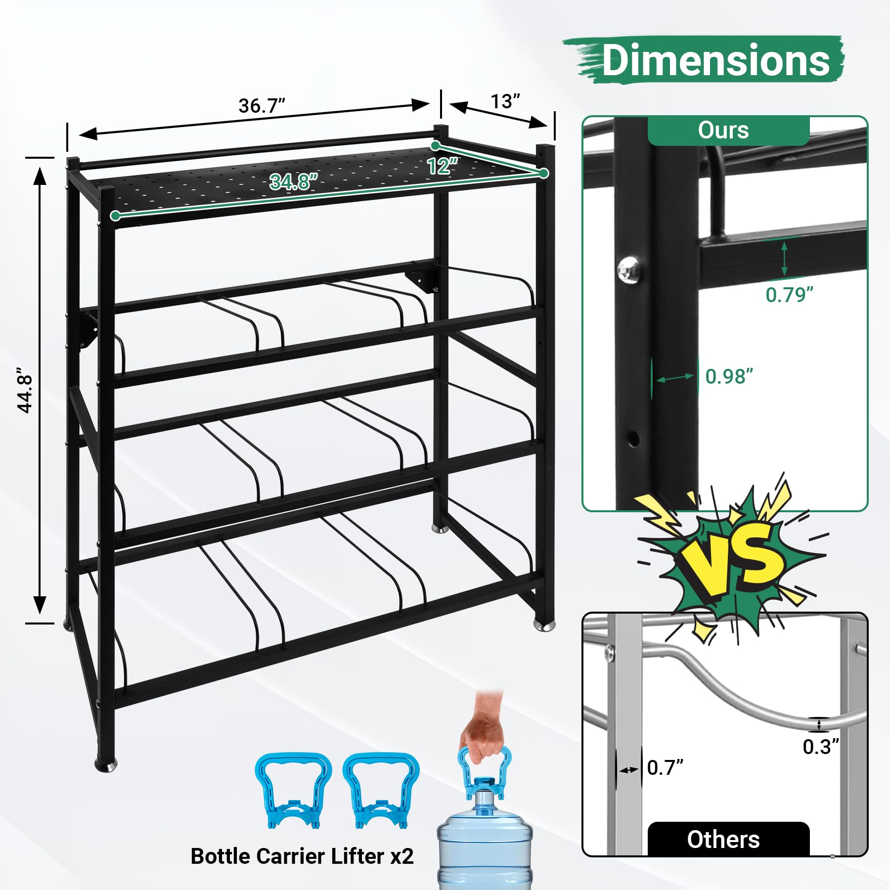 Eastrexon 5 Gallon Water Jug Holder Heavy Duty，4-Tier Water Jug Rack w/Top Shelf, Wall Mount Water Bottle Holder for 9 Bottles, Powder Coated Water Rack Stand for Home, Office, Restaurant, Gym.