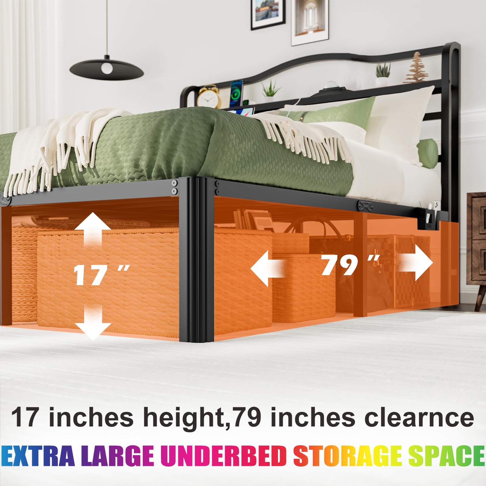 Full Size Bed Frame with Headboard and Charging Station 18 Inch Tall Full Bed Frame with Lights Galaxy Aurora Star Projector and Bird Songs Heavy Duty Metal Full Size Bed Frame with Storage(Full)