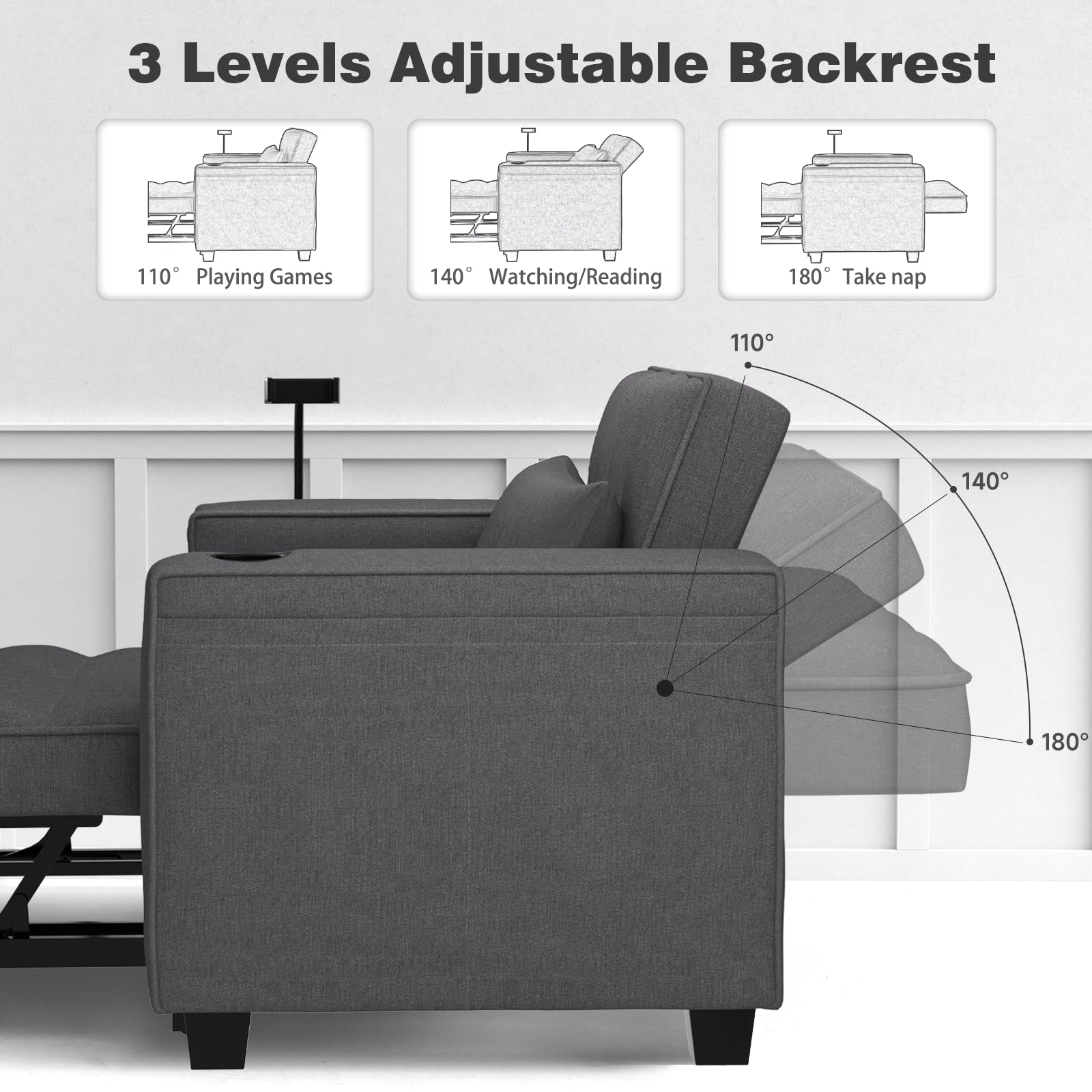 Sofa Bed, 3-in-1 Convertible Chair Bed Sleeper with Phone Holder, Pull Out Sofa Bed with w USB&Type C Port and Wireless Charging, Reading Chair with Adjustable Backrest, Sofa Bed Couch for Living Room