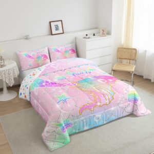 Feelyou Mermaid Comforter Set Twin Size for Kids Girls Rainbow Pink Mermaid Tail Printed Bedding Set Cute Reversible Stars Quilt Bed Set Sparkle Mermaid Fish Scale Bedroom Glitter Decor All Season