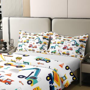 Cartoon Truck 100% Cotton Comforter Cover Queen Construction Vehicle Duvet Cover for Kids Boys Girls Transport Equipment Car Quilt Cover Bulldozer Crane Bedding Set with 2 Pillowcases