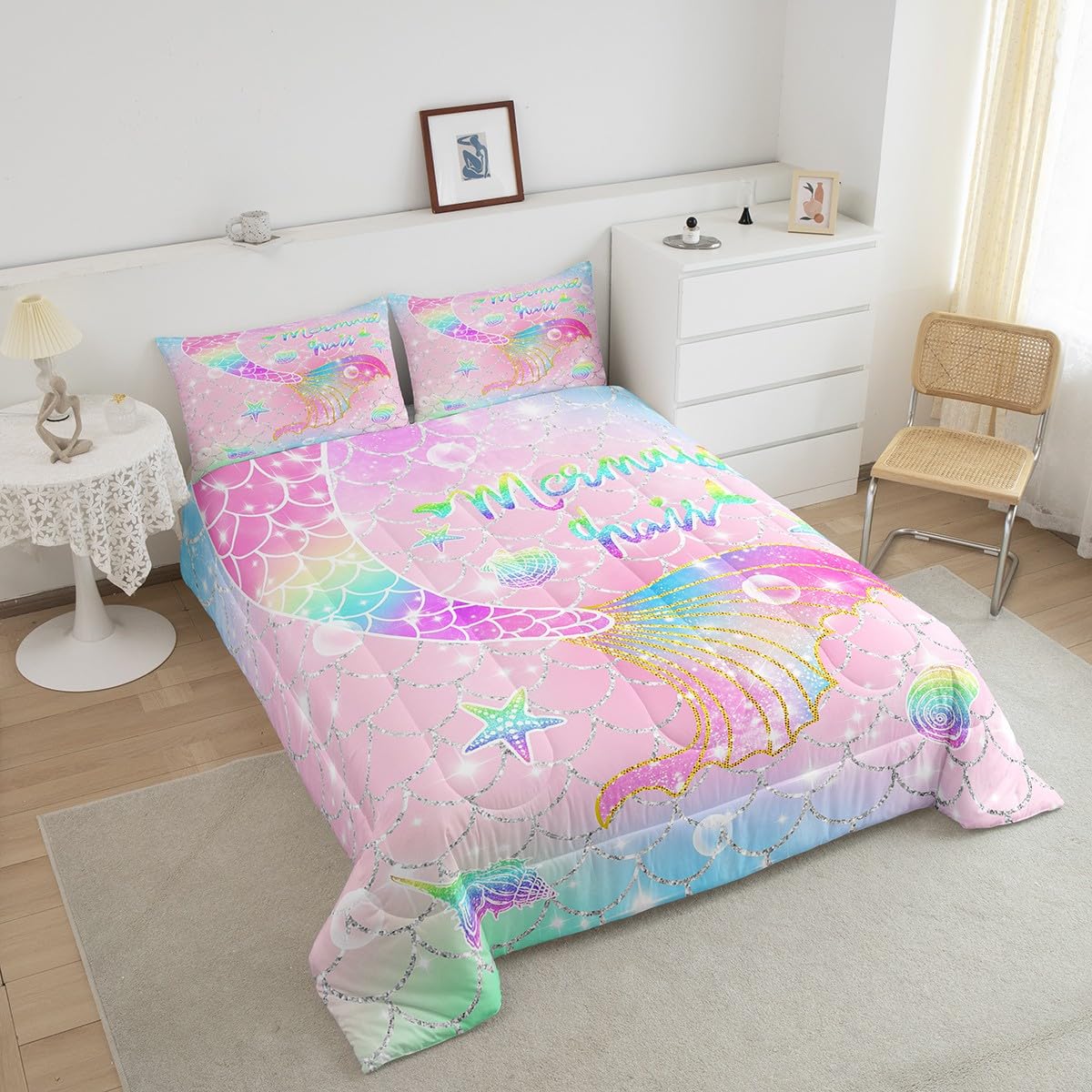 Feelyou Mermaid Comforter Set Twin Size for Kids Girls Rainbow Pink Mermaid Tail Printed Bedding Set Cute Reversible Stars Quilt Bed Set Sparkle Mermaid Fish Scale Bedroom Glitter Decor All Season