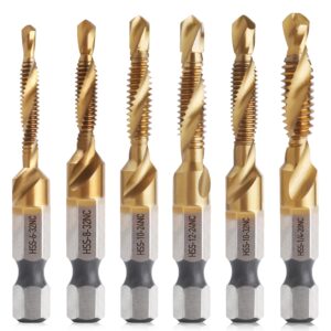 aimlentool 6pcs combination drill and tap bit set, 3-in-1 titanium coated hss screw tapping bit for drilling, tapping and deburring, sae size 6-32nc to 1/4-20nc, 1/4" hex shank and storage case