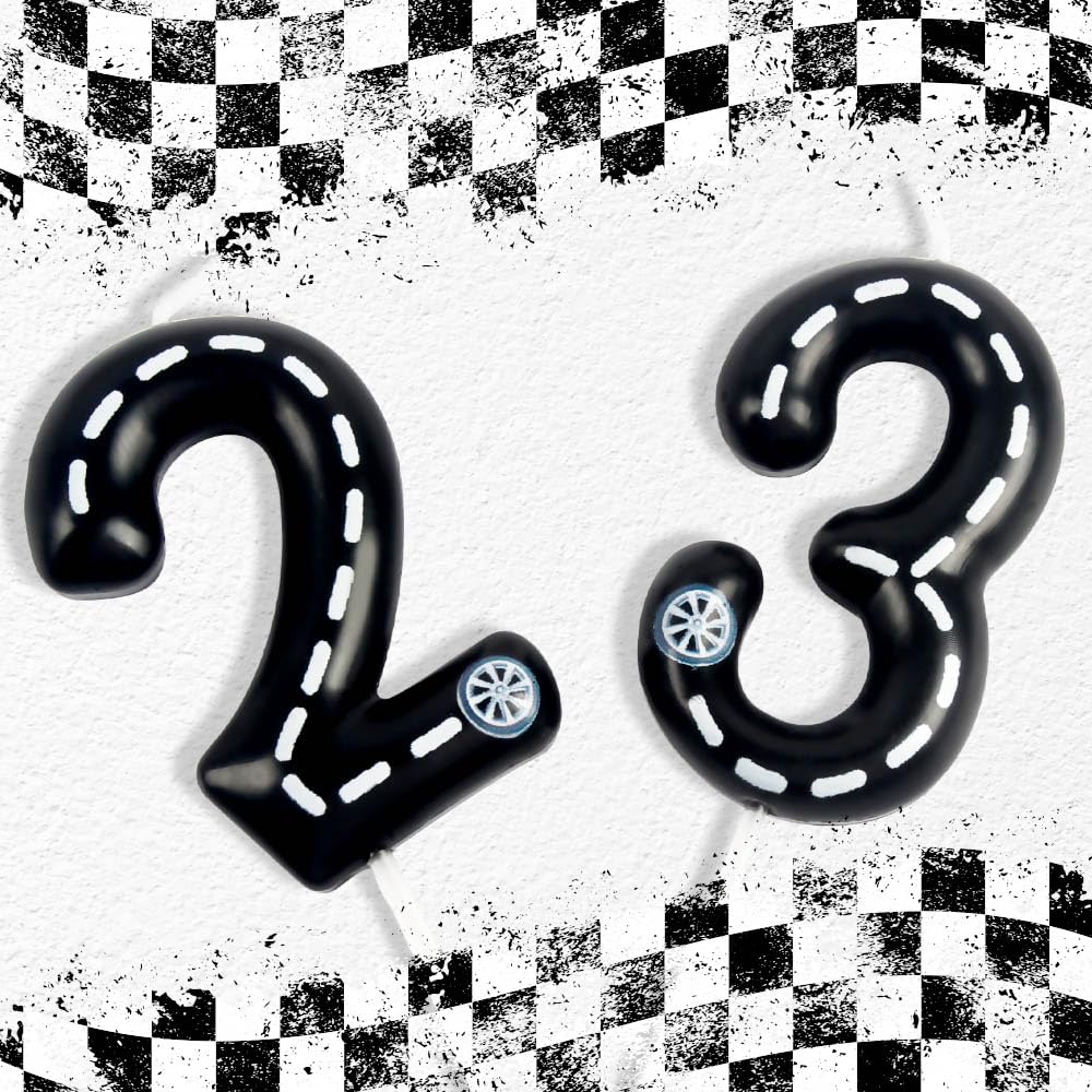 Racing Car Birthday Number Candles, Black White Stripes Birthday Candles for Cake Topper Decorations, Number 2 Candles for Boys Girls Racing Car Theme Party Supplies Favors Gifts