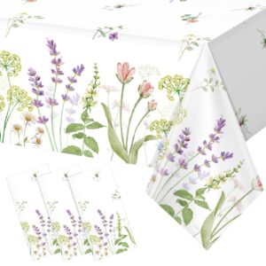 3 pack spring floral tablecloth, summer wildflower plastic table cover for rectangle tables, flower holiday disposable table cloth for easter birthday picnic wedding tea party decorations, 54×108 inch