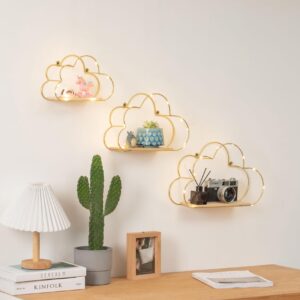 Niemro - Golden Cloud Shape Floating Shelves with LED Lights Wall Decor,Gold Metal Wire and Wood Base Wall Mounted Shelf Decorations for Home Bedroom Living Room - Set of 3