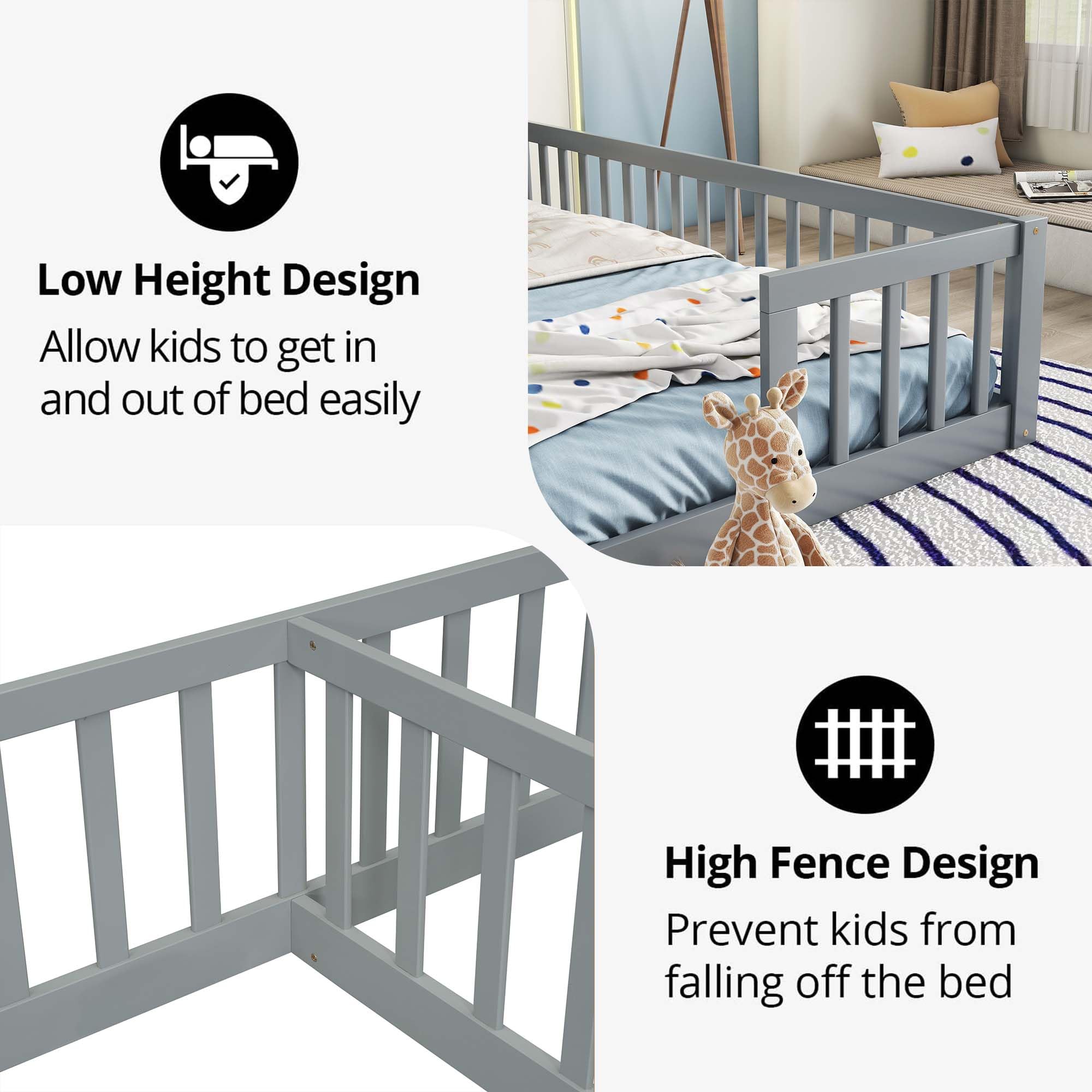 Luckiofvonne Floor Bed for 2 Kids, Montessori Bed Frame with Fence Railings, Wooden Double Twin Bed for Two Boys Girls, Box Spring Needed, Gray