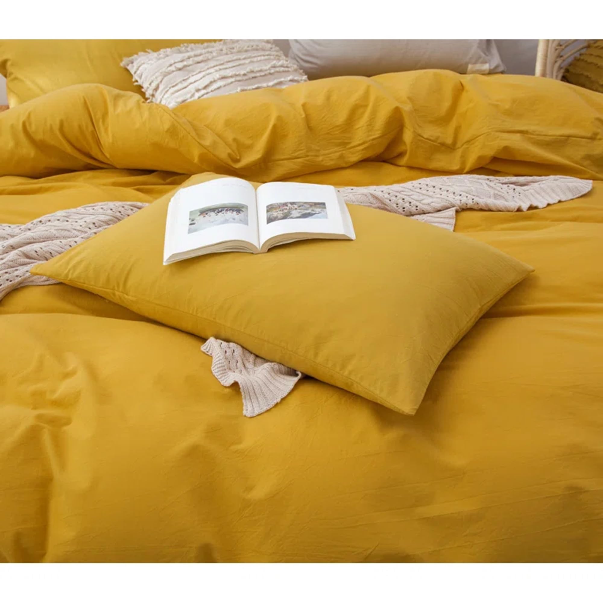 Generic Mustard Yellow Cotton 100% Duvet Cover Boho Duvet Cover Stonewashed Cotton Bedding Soft Cotton Queen King Cotton Bedding Euro Custom Cottonduvet Duvet Cover Set (Queen 90X90), BE-CR- 0005