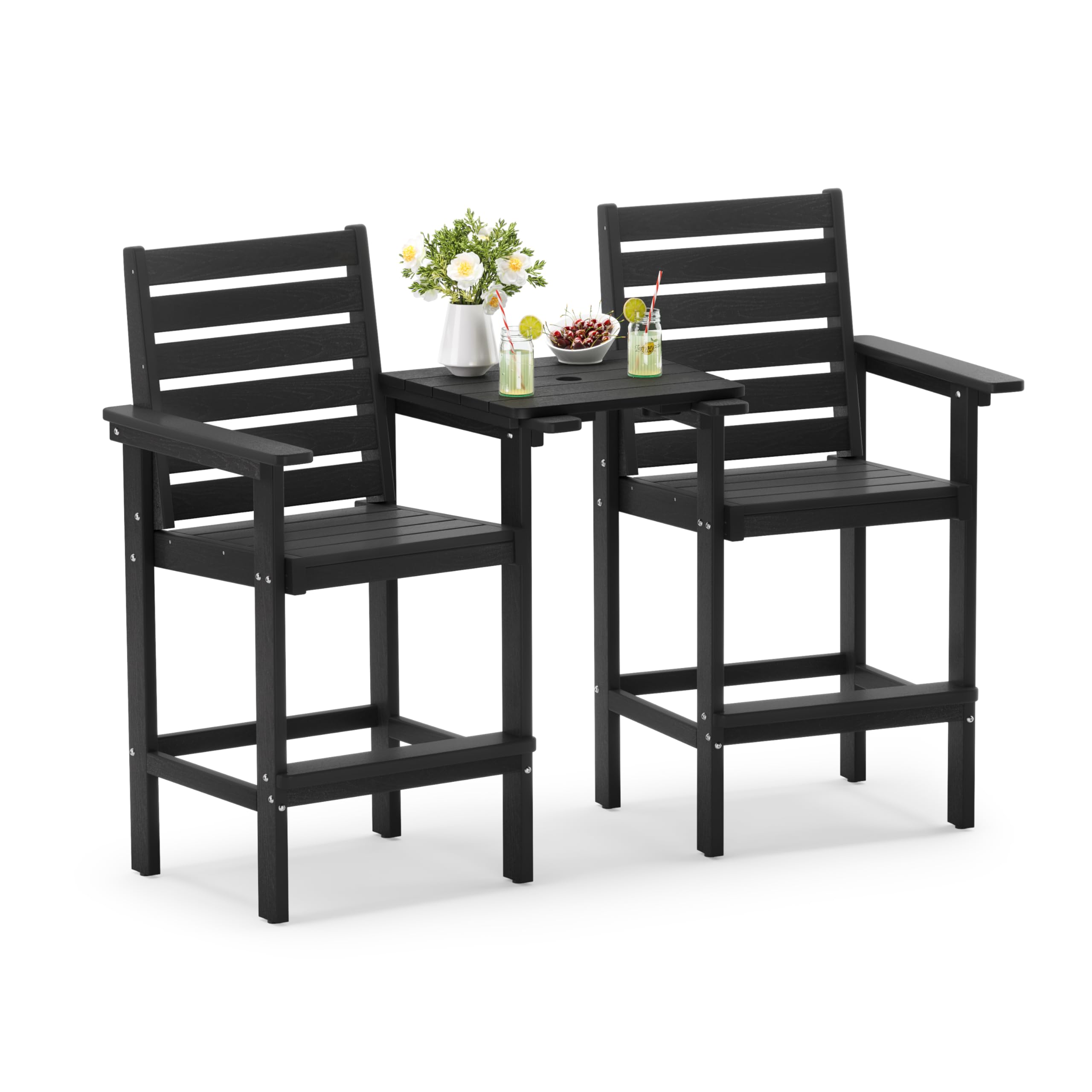 Homenjoy Tall Adirondack Chair Set of 2 with Connecting Tray, HDPE Weather Resistant Patio Bar Stools, Heavy Duty Bar Height Adirondack Chairs with Footrest, 26" H Balcony Chair for Deck,Black