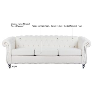 84" Chesterfield Sofa, Mid-Century Modern Velvet Upholstered Sofa, Deep Button Tufted Living Room Sofa with Roll Arms and Nailhead for Living Room, Bedroom, Office, Apartment (White)