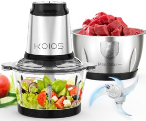 koios 500w powerful electric food processor with 8 cup stainless steel & glass bowls, 2 speed mode electric food chopper with 2 sets blades electric meat grinder chopper for family & baby use, black