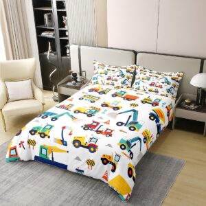 Cartoon Truck 100% Cotton Comforter Cover Queen Construction Vehicle Duvet Cover for Kids Boys Girls Transport Equipment Car Quilt Cover Bulldozer Crane Bedding Set with 2 Pillowcases