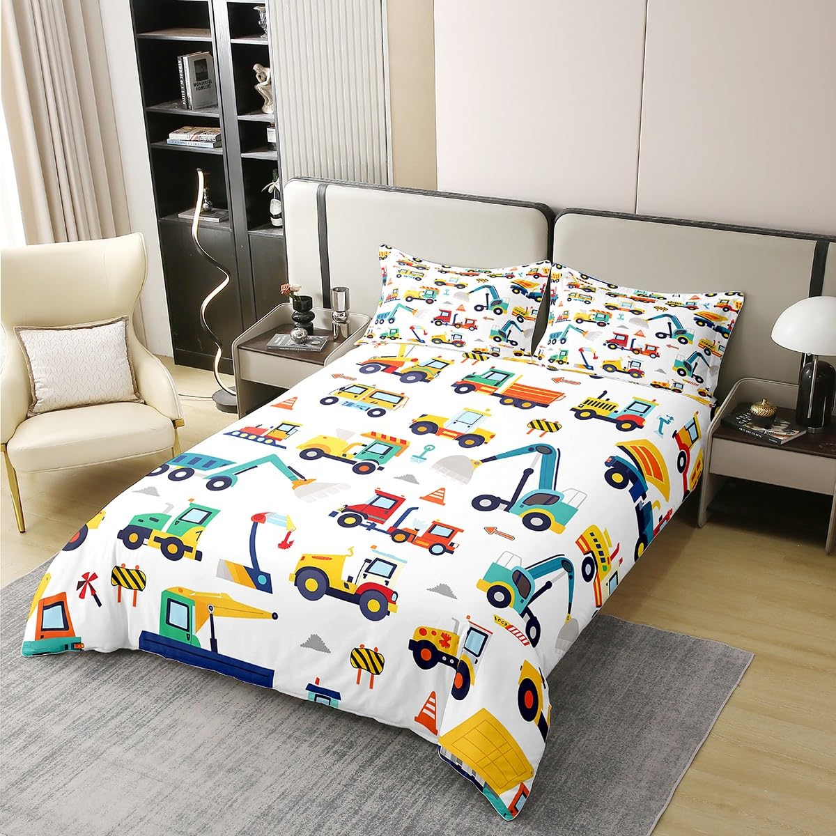 Cartoon Truck 100% Cotton Comforter Cover Queen Construction Vehicle Duvet Cover for Kids Boys Girls Transport Equipment Car Quilt Cover Bulldozer Crane Bedding Set with 2 Pillowcases