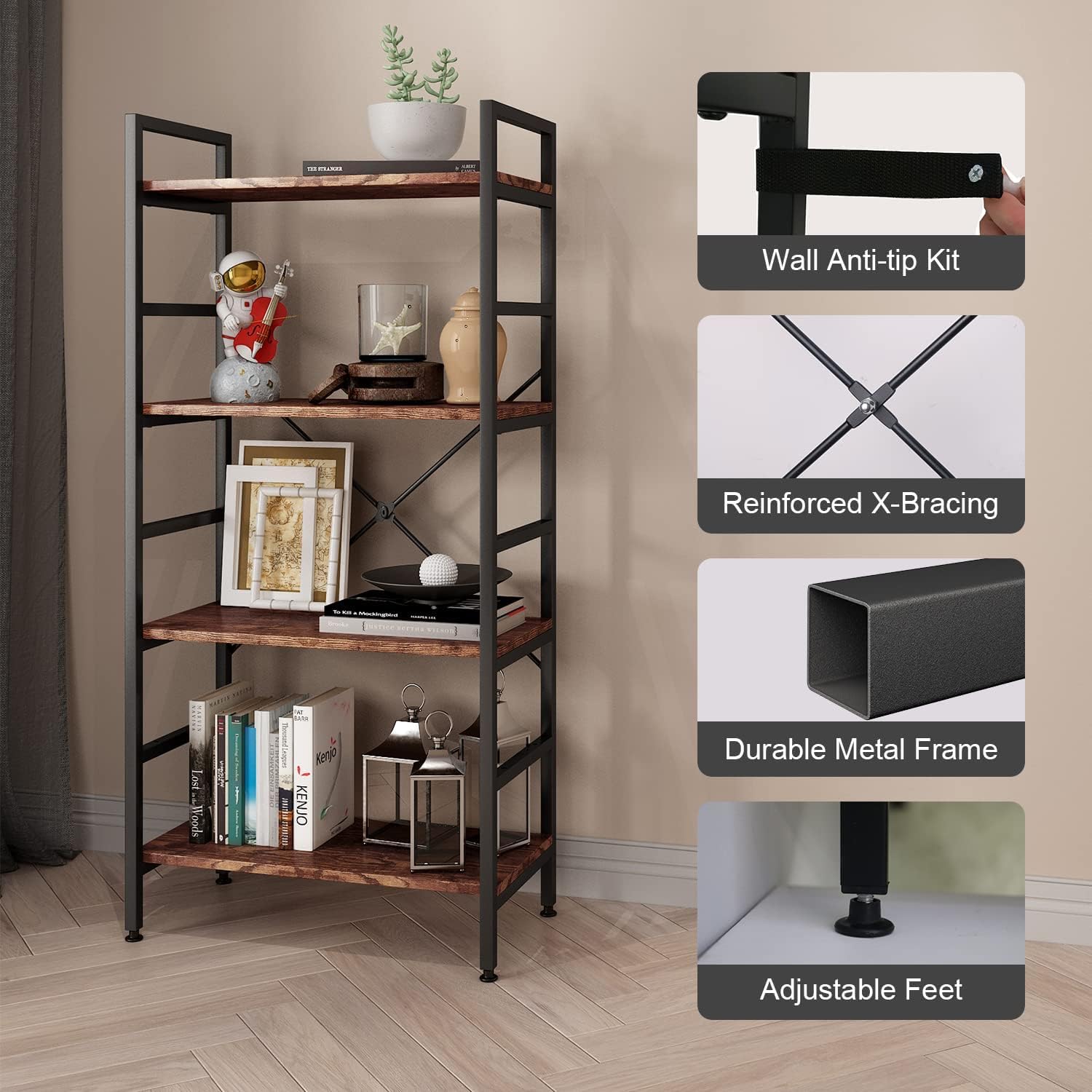 Mellingcasa 4 Tier Wood Shelving Unit,Adjustable Bookshelves Organizer,Office Shelves Small Book Shelf,Display Rack Shelves for Living Room,Bedroom and Office(4 Tier Bookshelf)