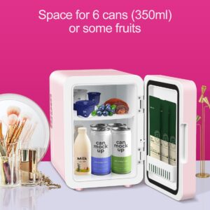 NISHCON Skincare Fridge with Dimmable LED Light Mirror, 4L/6Can Cooler Warmer Mini Fridge for Skin care Cosmetic Makeup Beauty, Portable Mini Skincare Fridge for Bedroom Dorm Office Rv and Car, Pink