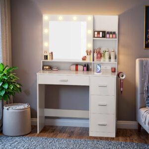 Furmax Vanity Desk with LED Lighted Mirror&Power Outlet, 39.3’’ Makeup Vanity Table with 4 Drawers and 3 Storage Shelves, Adjustable 3 Lighting Colorfor Bedroom&Dressing Room (White)