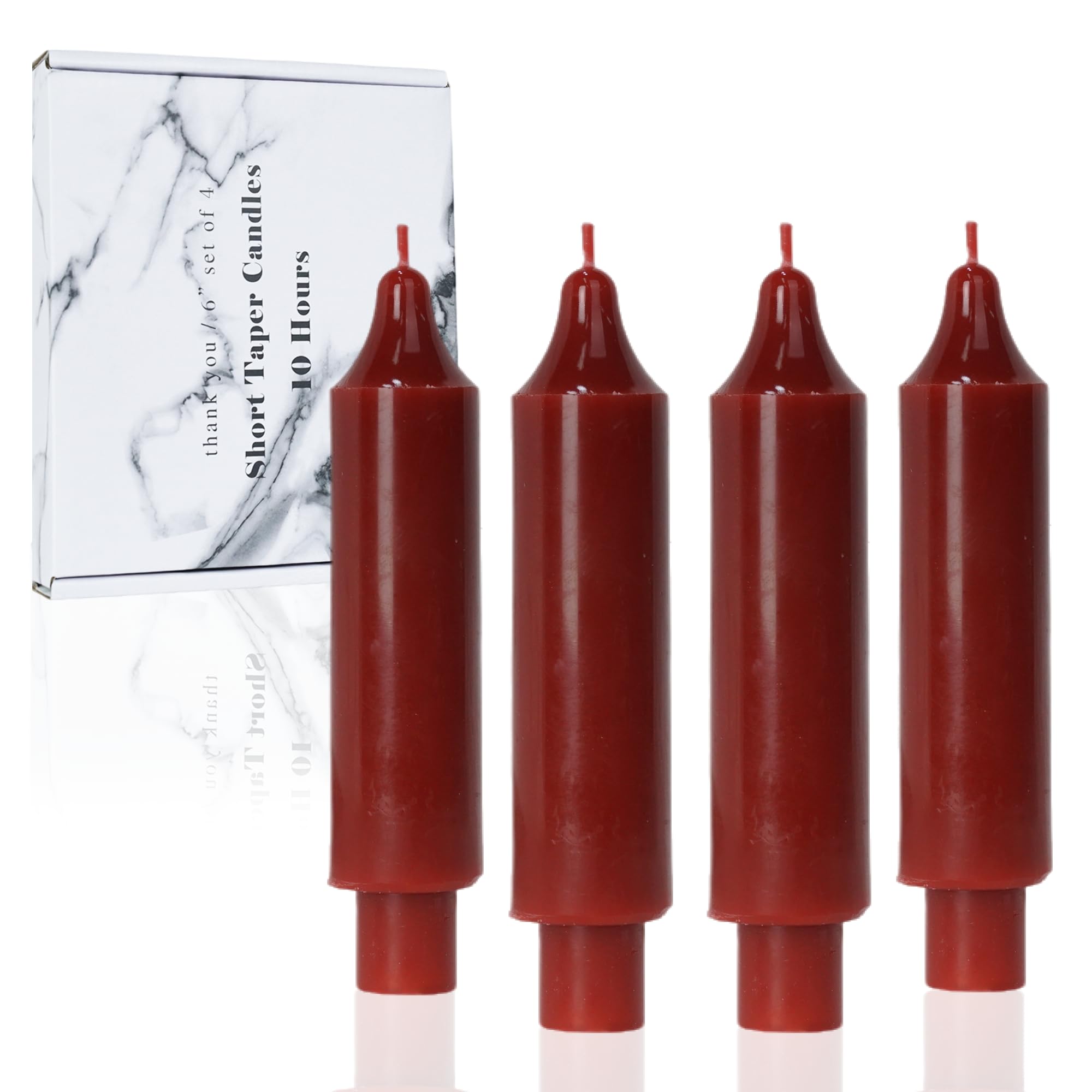 LPUSA Burgundy Short Taper Candles for Christmas Unscented Dripless Candlesticks for Home Decor, Wedding, Parties and Special Occasions,6 inch,Set of 4