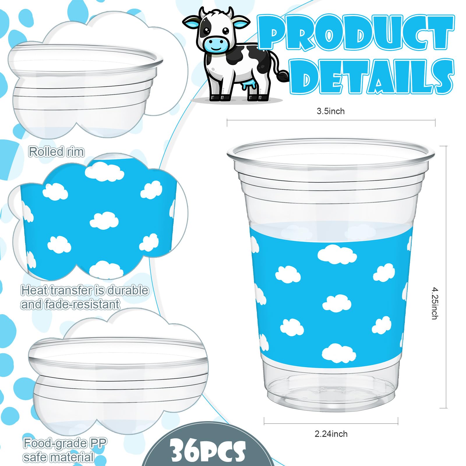 Willinglong 36 Pcs Blue Sky White Clouds Birthday Party Supplies 12 oz Cartoon Story Plastic Thick Clear Cups Disposable Plastic Cups for Birthday Baby Shower Blue Party Decorations