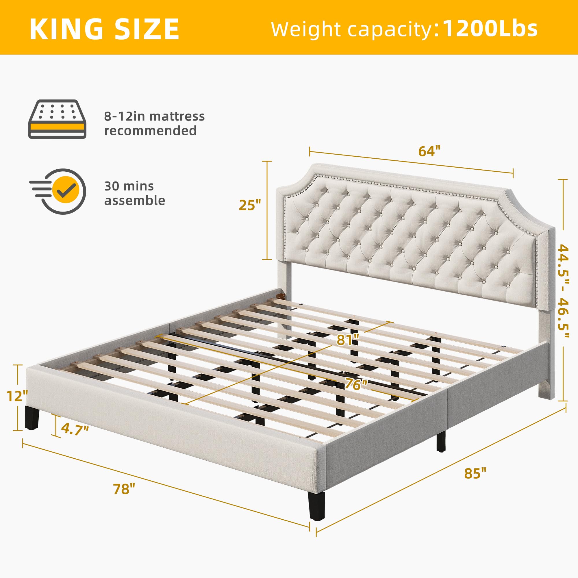 DWVO King Size Bed Frame with Adjustable Headboard, Beige Linen Upholstered Platform Bed Frame with Nail Headboard, 12'' Under-Bed Storage Low Profile Bed Frame No Box Spring Needed Hold up to 1200lbs