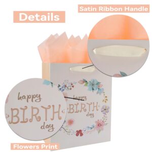 13" Large White Gift Bag Set with Greeting Card and Tissue Papers（Flowers and Happy Birthday）for Women's or Men's Birthday Party, Boys', Girls', or Kids' Parties, Baby Shower, Baby Boy or Girl - 10.2”x5.2”x13”, 1 Pcs.