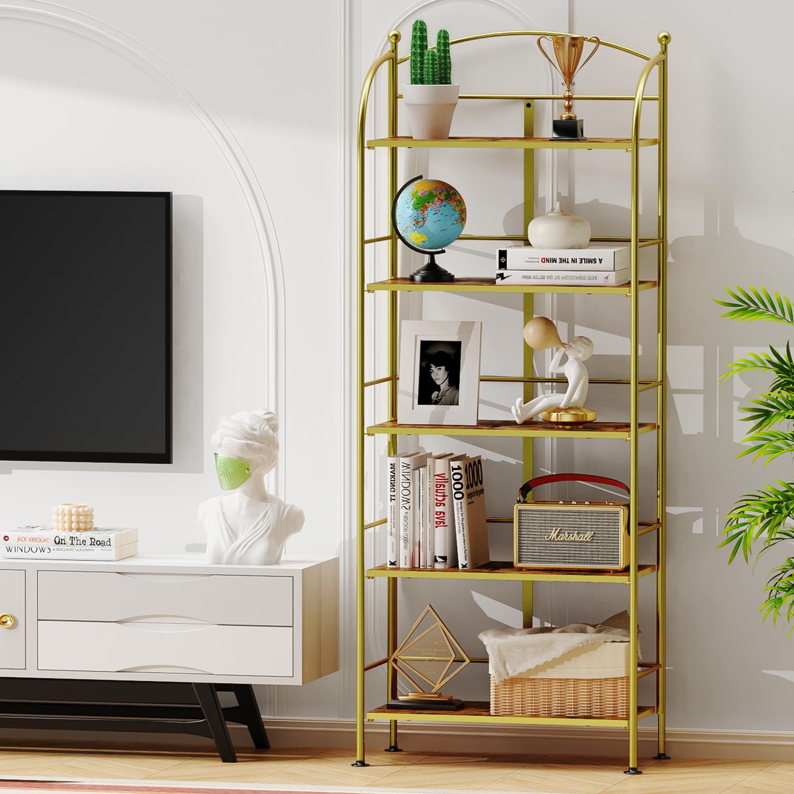 FRAPOW Folding Bookshelf No Assembly, 5 Tier Shelf Gold Collapsible Bookcase, Arched Metal Display Tall Book Shelf with Storage Shelves for Bedroom, Living Room, Home Office, Dorm