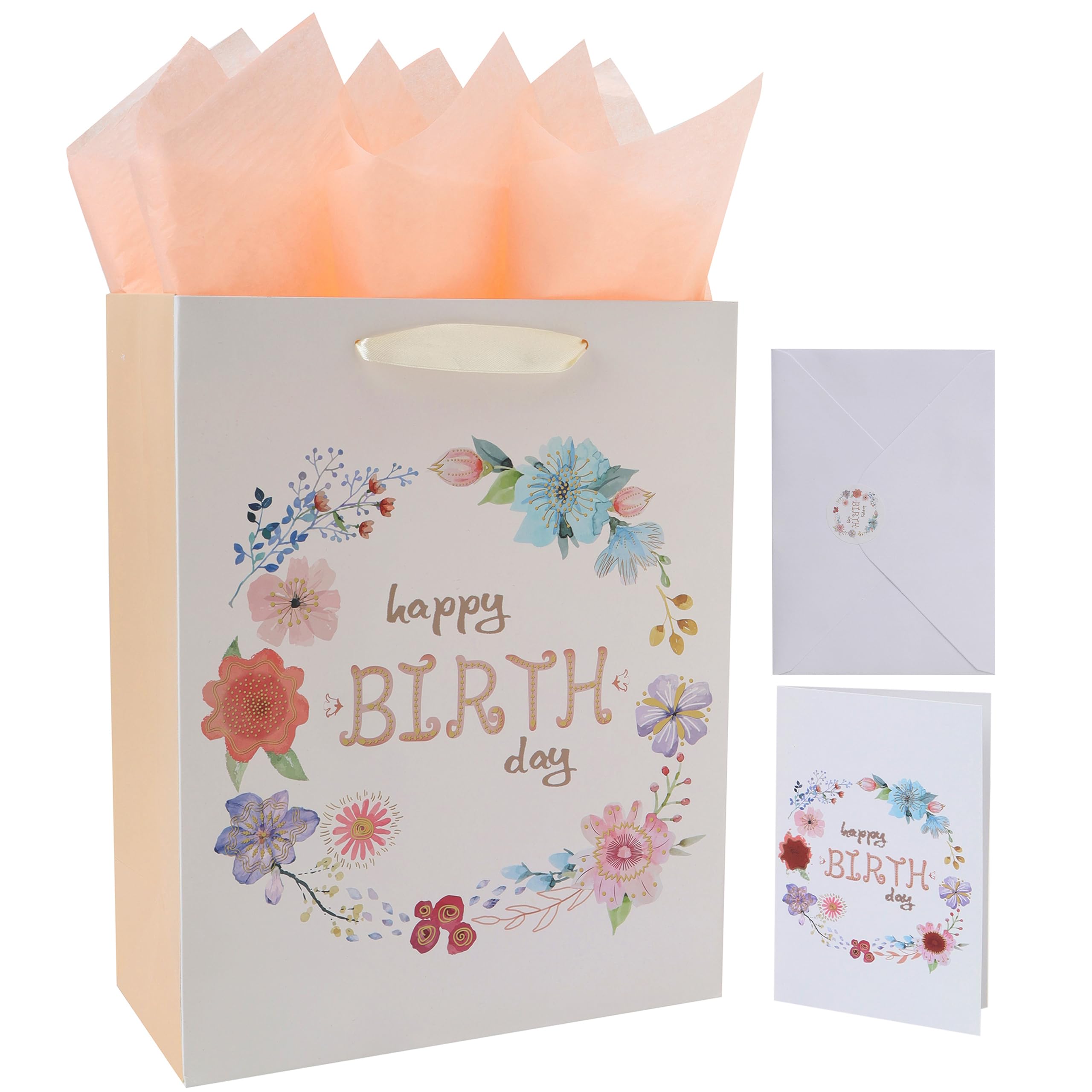 13" Large White Gift Bag Set with Greeting Card and Tissue Papers（Flowers and Happy Birthday）for Women's or Men's Birthday Party, Boys', Girls', or Kids' Parties, Baby Shower, Baby Boy or Girl - 10.2”x5.2”x13”, 1 Pcs.