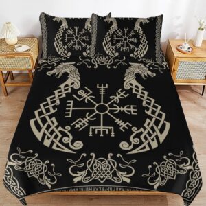 GDSCCLGX Modern Scandinavian Viking Totem Print Comforter Cover Sets 3 Piece King Size,Rustic Mythical Viking Style Symbol Theme Duvet Cover Set 2 Pillowcases(No Insert)