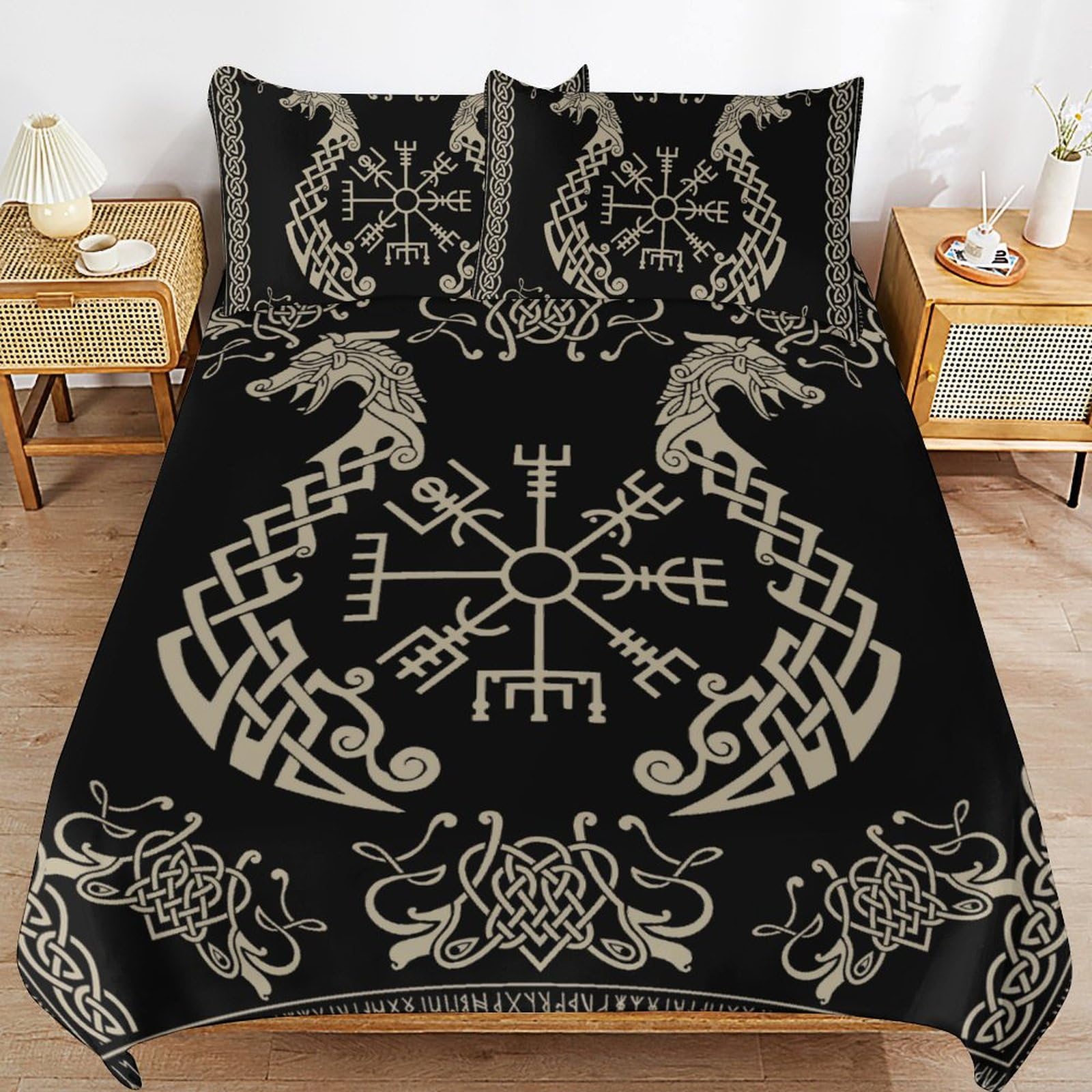 GDSCCLGX Modern Scandinavian Viking Totem Print Comforter Cover Sets 3 Piece King Size,Rustic Mythical Viking Style Symbol Theme Duvet Cover Set 2 Pillowcases(No Insert)