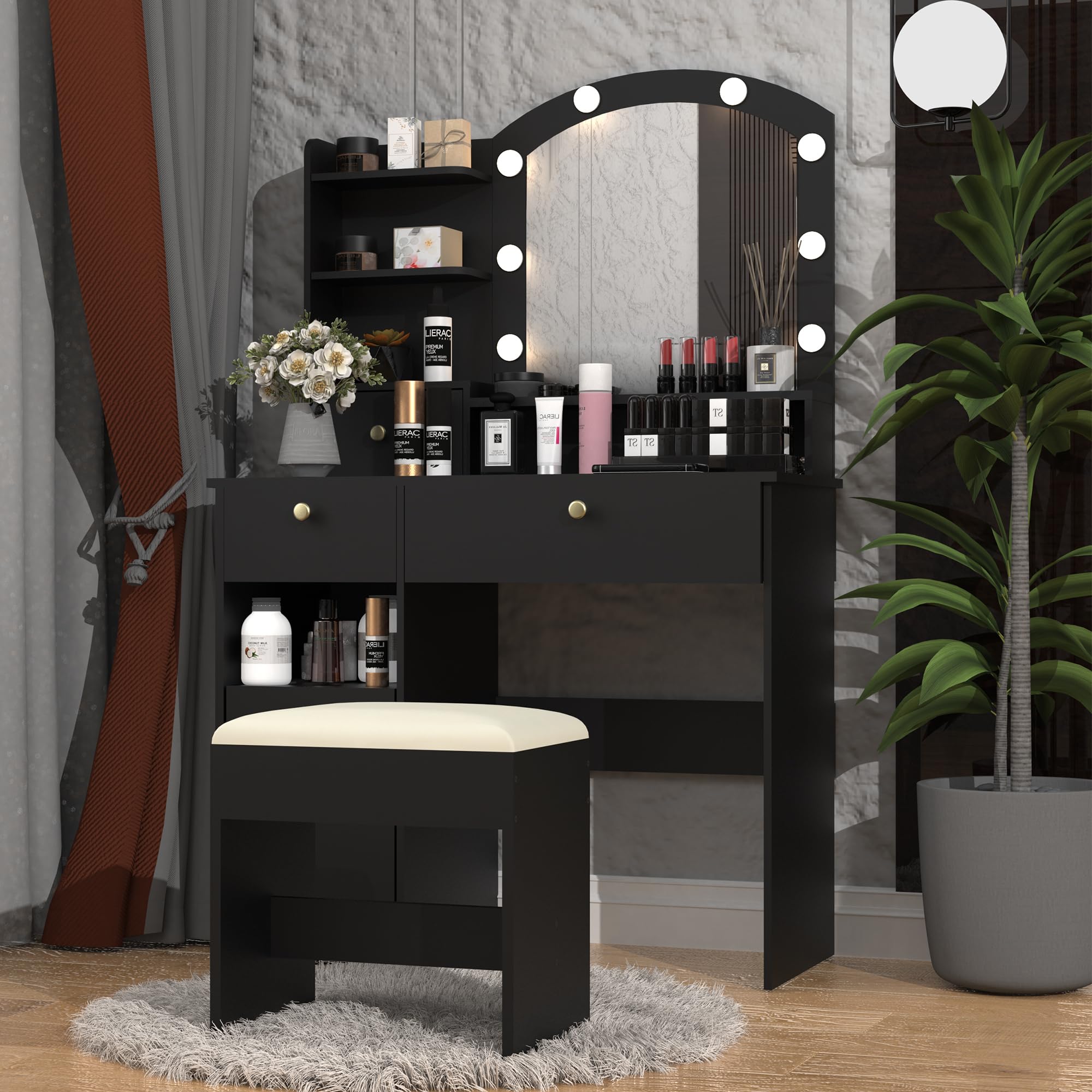 MISHAO Vanity Desk Set w/Mirror & Lights, Power Outlet, Makeup Vanity Table w/Stool, Storage Drawers & Open Shelves, 3 Color Modes & Adjustable Brightness Dressing Table for Bedroom, Black