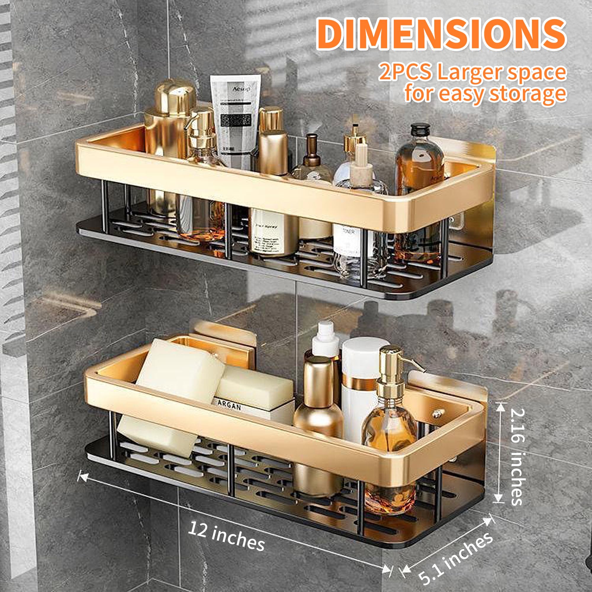 Self-Adhesive Shower Caddies Shelf Organizer Rack Wall Organization and Storage Bathroom Shelves Wall Mounted Organizer Shelves Rack Bathroom Decor Sets Spice Rack Shower Organizer, 2Pcs Black Gold